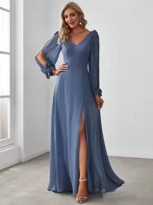 Fall Winer Split Long Sleeve Split Thigh Chiffon Dusty Blue Bridesmaid Dress For Wedding Formal Dresses - Dusty Blue - View 8