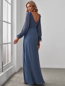 Fall Winer Split Long Sleeve Split Thigh Chiffon Dusty Blue Bridesmaid Dress For Wedding Formal Dresses - Dusty Blue - View 3