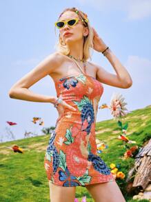 ROMWE 花卉圖案打褶掛脖洋裝 - 彩色 - 查看 2