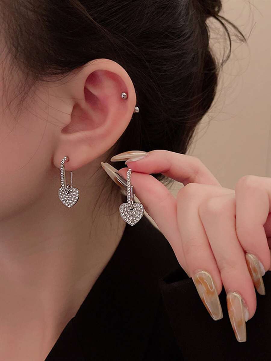 Hoa tai thả trái tim rhinestone - Bạc - Xem 1