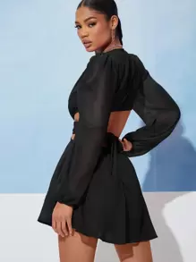 SHEIN BAE Lantern Sleeve Cut Out Tie Back Chiffon Romper - Black - View 2