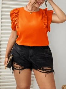 SHEIN VCAY 大碼蝴蝶袖荷葉邊上衣 - 橘色 - 查看 2