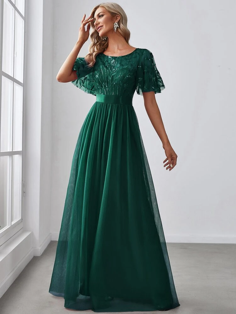 EVERPRETTY Ruffled Sleeve Summer Green Floral Sequin Dress, Mesh Formal Party Gown, Elegant Dark Green Evening Dress, Spring Wedding Guest Attire