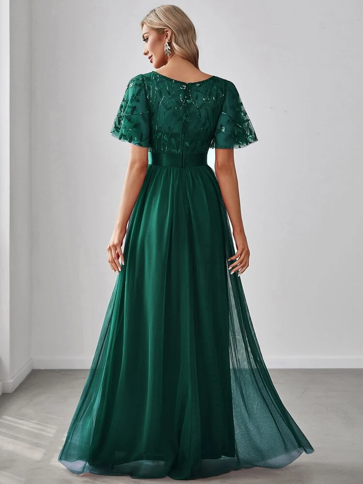 EVERPRETTY Ruffled Sleeve Summer Green Floral Sequin Dress, Mesh Formal Party Gown, Elegant Dark Green Evening Dress, Spring Wedding Guest Attire