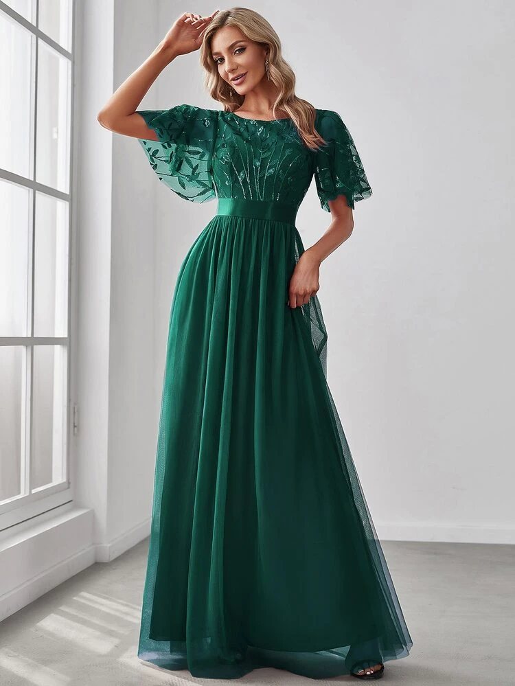 EVERPRETTY Ruffled Sleeve Summer Green Floral Sequin Dress, Mesh Formal Party Gown, Elegant Dark Green Evening Dress, Spring Wedding Guest Attire