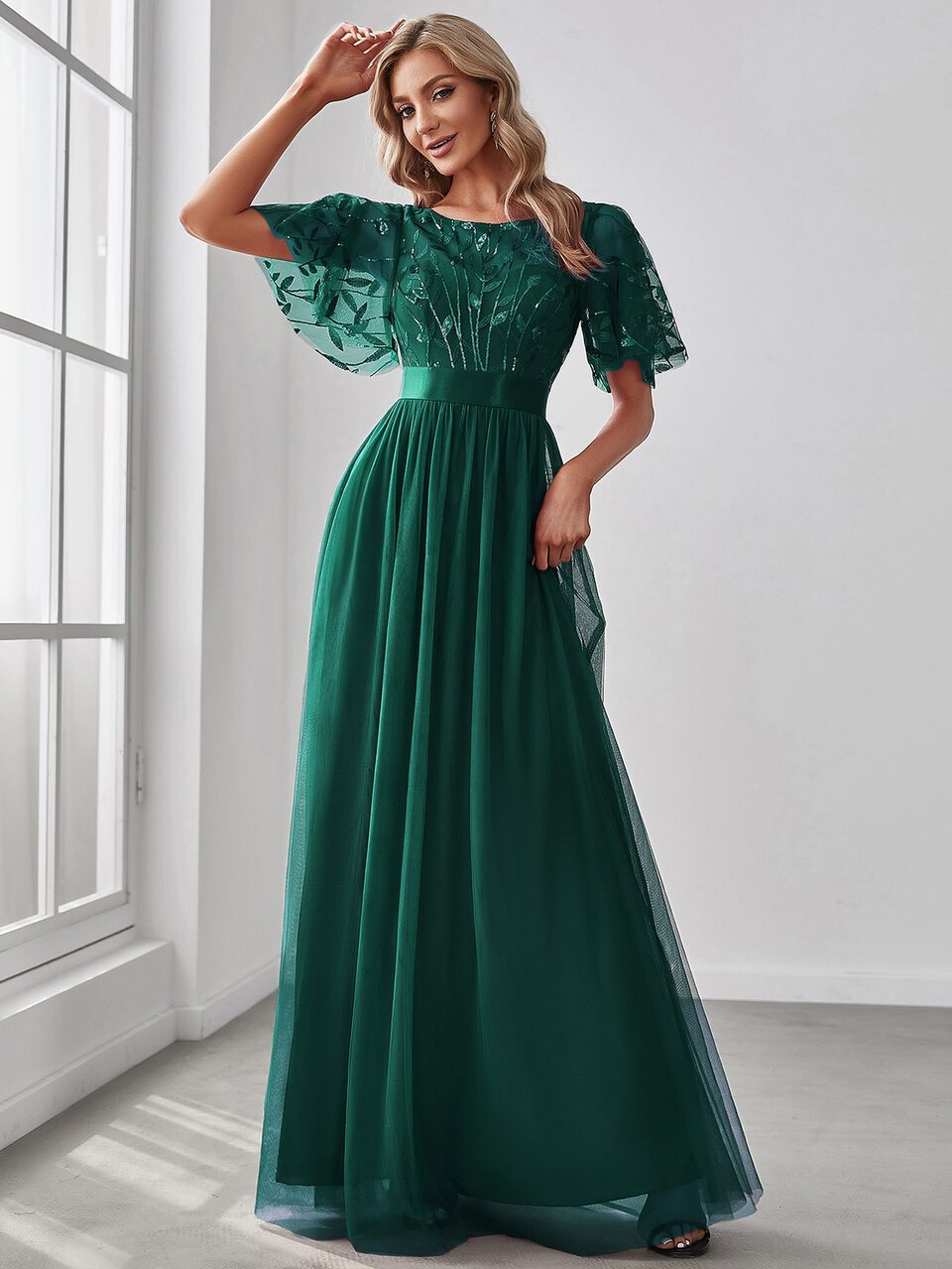 Ruffled Sleeve Summer Green Floral Sequin Dress, Mesh Formal Party Gown, Elegant Dark Green Evening Dress, Spring Wedding Guest Attire