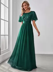 EVERPRETTY 飛袖亮片上身網紗舞會連衣裙 - 墨綠色 - 查看 5