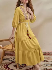 Al Najma Vestido con cinturón de cuello con cordón de manga farol con diseño de fleco bajo con fruncido