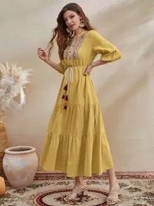 Al Najma Vestido con cinturón de cuello con cordón de manga farol con diseño de fleco bajo con fruncido