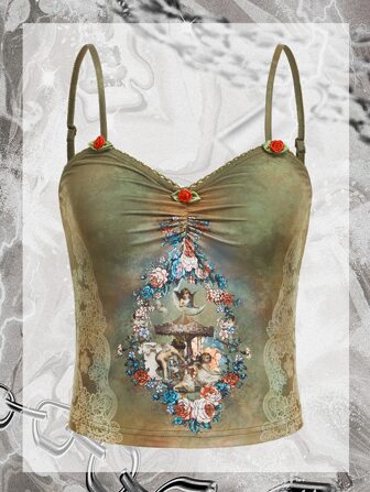 Top à fines brides grunge fleuri à motif de figure à ruché sans gants