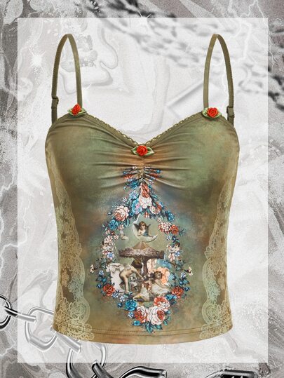 Cami Top mit Grunge Blume & Figur Grafik, Rüschen, ohne Handschuhe