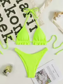 Swim SXY 夏季海滩霓虹绿罗纹比基尼套装荷叶边吊带三角文胸上衣和高腰比基尼下装 2 件套比基尼泳装 - 青檸色 - 查看 5