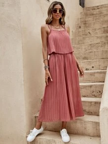 SHEIN LUNE 後綁帶百褶吊帶上衣和闊腿褲 - 紅木色 - 查看 3