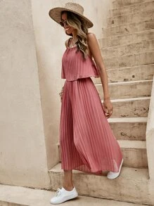 SHEIN LUNE 後綁帶百褶吊帶上衣和闊腿褲 - 紅木色 - 查看 4