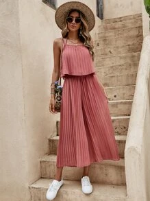 SHEIN LUNE 後綁帶百褶吊帶上衣和闊腿褲 - 紅木色 - 查看 6