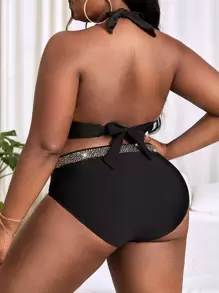 SHEIN SXY 夏日沙灘大尺碼鑽石裝飾領高腰比基尼套裝 - 黑色 - 查看 2
