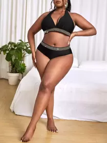 SHEIN SXY 夏日沙灘大尺碼鑽石裝飾領高腰比基尼套裝 - 黑色 - 查看 5