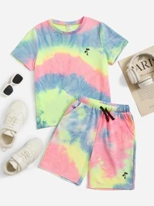 SHEIN Boys Tie Dye Tee & Drawstring Waist Track Shorts - Multicolor - View 1