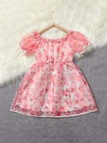 SHEIN 女大童印花褶邊泡泡袖歐根紗派對禮服