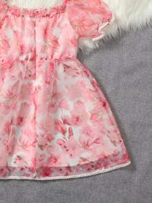 SHEIN 女大童印花褶邊泡泡袖歐根紗派對禮服