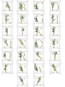 1pc Plant & Letter Graphic Cushion Cover, Modern Throw Pillow Case, Pillow Insert Not Include, For Sofa, Living Room