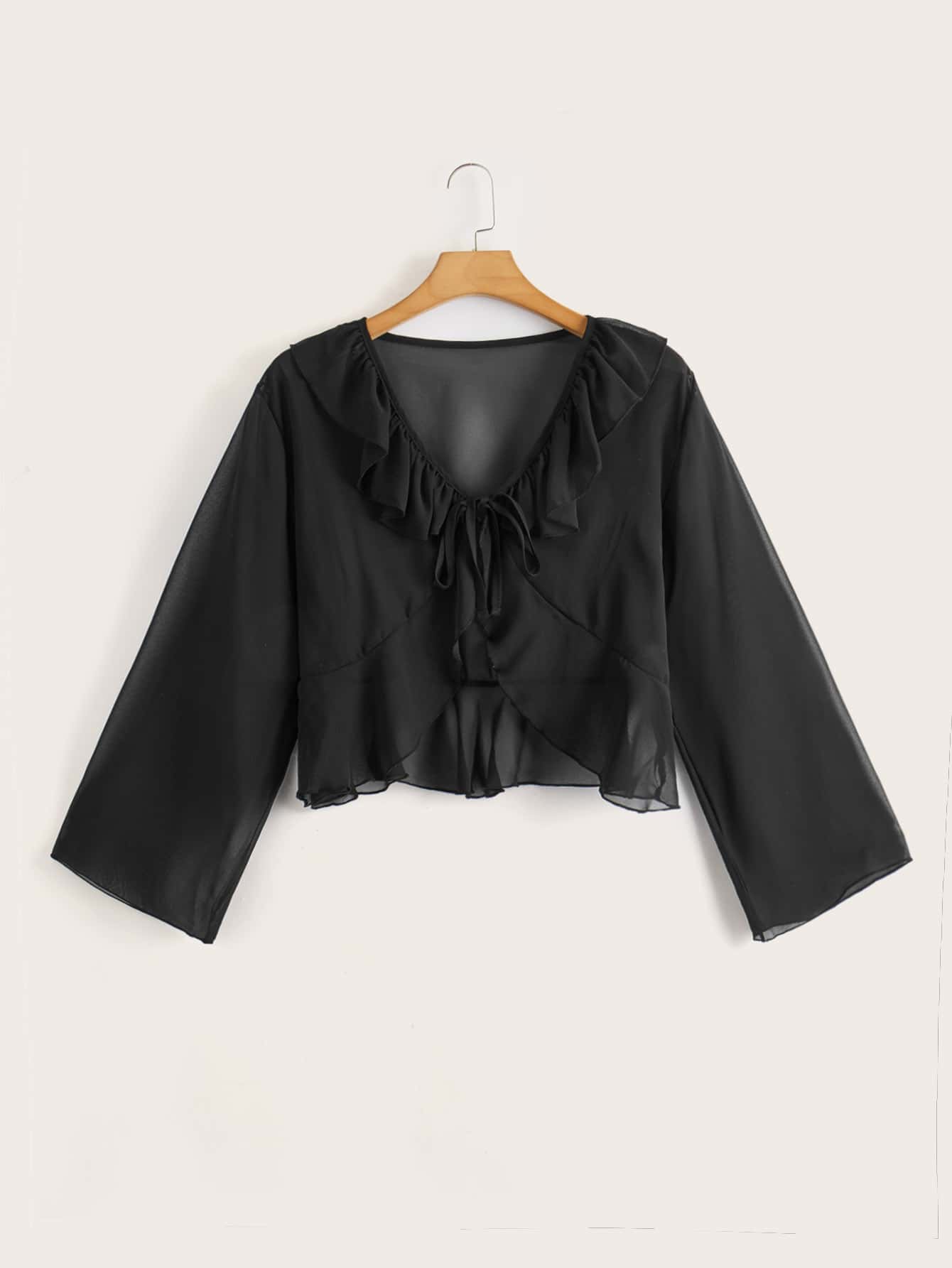 Plus Ruffle Trim Knot Front Asymmetrical Hem Kimono, For Summer Beach Vacation - Black - View 1
