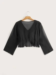 Plus Ruffle Trim Knot Front Asymmetrical Hem Kimono, For Summer Beach Vacation - Black - View 2
