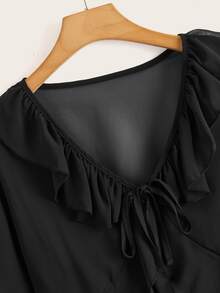 Plus Ruffle Trim Knot Front Asymmetrical Hem Kimono, For Summer Beach Vacation - Black - View 3
