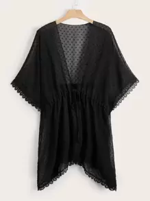 SHEIN Swim Curve Plus Swiss Dot Guipure Lace Trim Drawstring Waist Kimono, For Summer Beach Vacation - Black - View 1