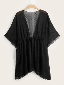 SHEIN Swim Curve Plus Swiss Dot Guipure Lace Trim Drawstring Waist Kimono, For Summer Beach Vacation - Black - View 2