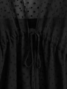 SHEIN Swim Curve Plus Swiss Dot Guipure Lace Trim Drawstring Waist Kimono, For Summer Beach Vacation - Black - View 3