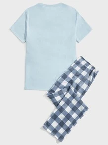 Men Buffalo Plaid & Slogan Graphic PJ Set - Blue and White - View 2