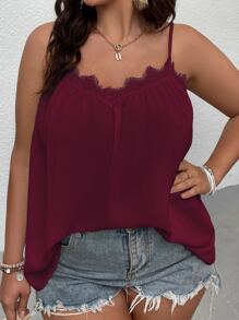 SHEIN LUNE Áo hai dây Plus Size Tương phản ren màu trơn Giải trí - Màu Đỏ Sâu - Xem 4