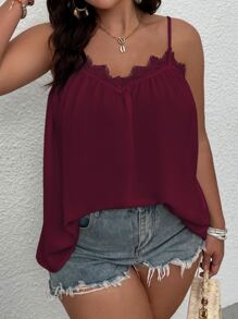 SHEIN LUNE Áo hai dây Plus Size Tương phản ren màu trơn Giải trí - Màu Đỏ Sâu - Xem 5