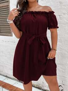 Breezaya 大碼一字領泡泡袖繫腰帶連衣裙 - 酒紅色 - 查看 3