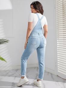 SHEIN Maternity Patched Pocket Ripped Skinny Denim Overall Without Tee - Light Wash - View 2