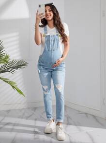 SHEIN Maternity Patched Pocket Ripped Skinny Denim Overall Without Tee - Light Wash - View 3