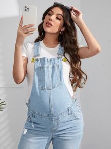 SHEIN Maternity Patched Pocket Ripped Skinny Denim Overall Without Tee - Light Wash - View 4