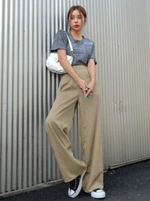 DAZY Pantalones De Pierna Ancha Con Cintura Elástica - Caqui - Ver 4