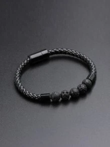 Fashionable and Popular Men Magnetic Buckle Braided Bracelet PU for Jewelry Gift and for a Stylish Look - Black - View 2