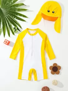 Bebé niño Bañador una pieza de dos tonos de manga raglán & Sombrero - Multicolor - Ver 1