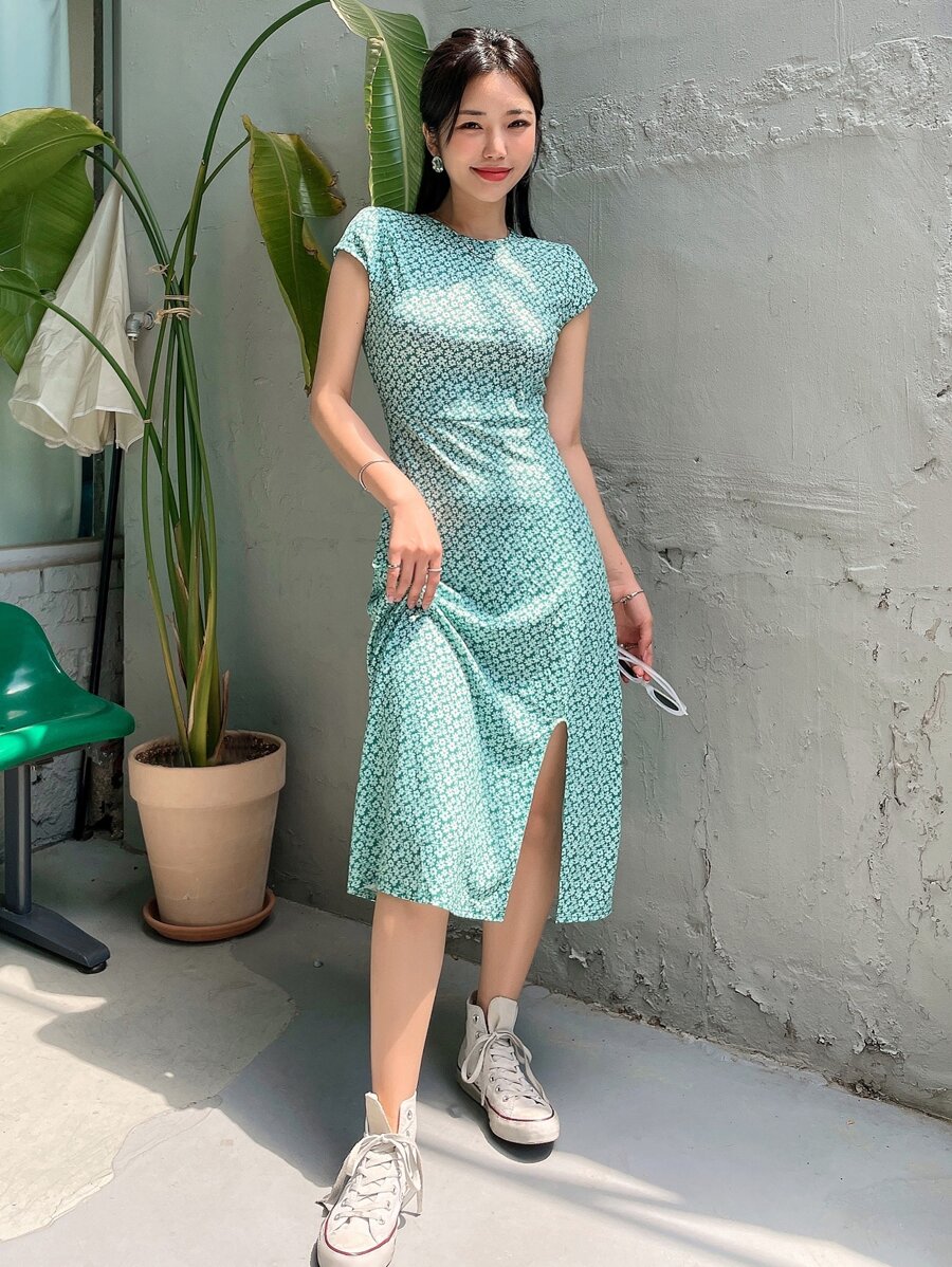 DAZY Ditsy Floral Cap Sleeve Keyhole Back Cut Out Dress Sundress,Casual Women Dresses Easter - Green - View 1