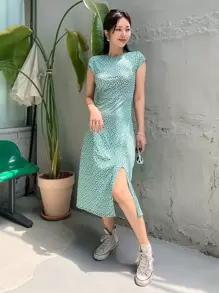 DAZY Ditsy Floral Cap Sleeve Keyhole Back Cut Out Dress Sundress,Casual Women Dresses Easter - Green - View 3