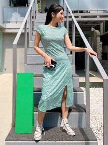 DAZY Ditsy Floral Cap Sleeve Keyhole Back Cut Out Dress Sundress,Casual Women Dresses Easter - Green - View 7