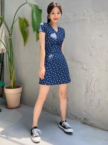 DAZY Ditsy Floral Surplice Neck Dress - Navy Blue - View 3