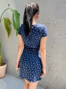 DAZY Ditsy Floral Surplice Neck Dress - Navy Blue - View 7