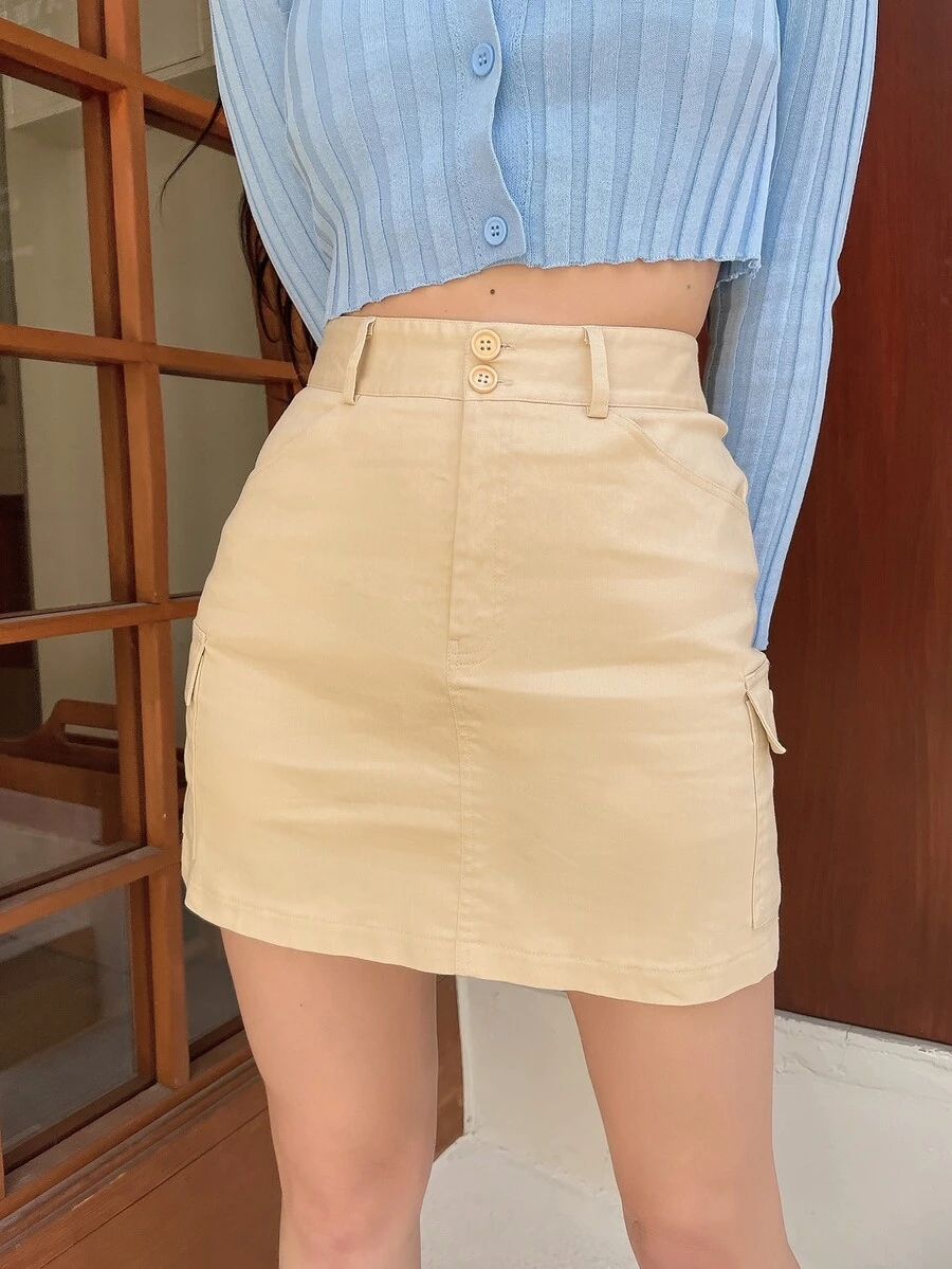 DAZY Falda unicolor con bolsillo lateral de talle alto - Caqui - Ver 1