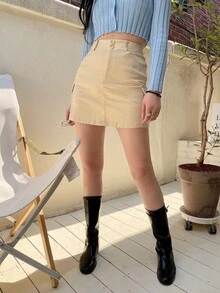 DAZY Falda unicolor con bolsillo lateral de talle alto - Caqui - Ver 8