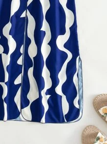 Allover Print Batwing Sleeve Drawstring Waist Split Thigh Kimono - Blue and White - View 3