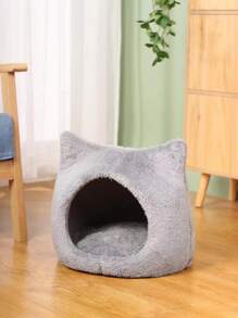 1pc Plush Cat Ear Design Shaped Pet Bed For Cat For Sleeping - Grey - View 2